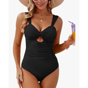 VIMPUNEC Black Ruched One Piece Swimsuit Twist Front Cutout Monokini Womens M